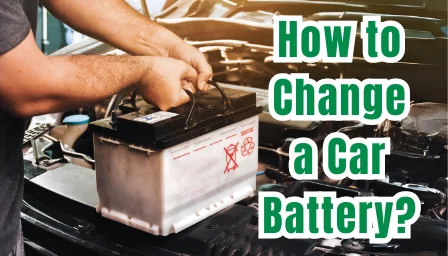 How to change a car battery? A man holding a car battery on the car's pront side hood open
