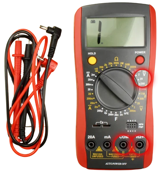 20V DC and Connections are shown on a-Multimeter